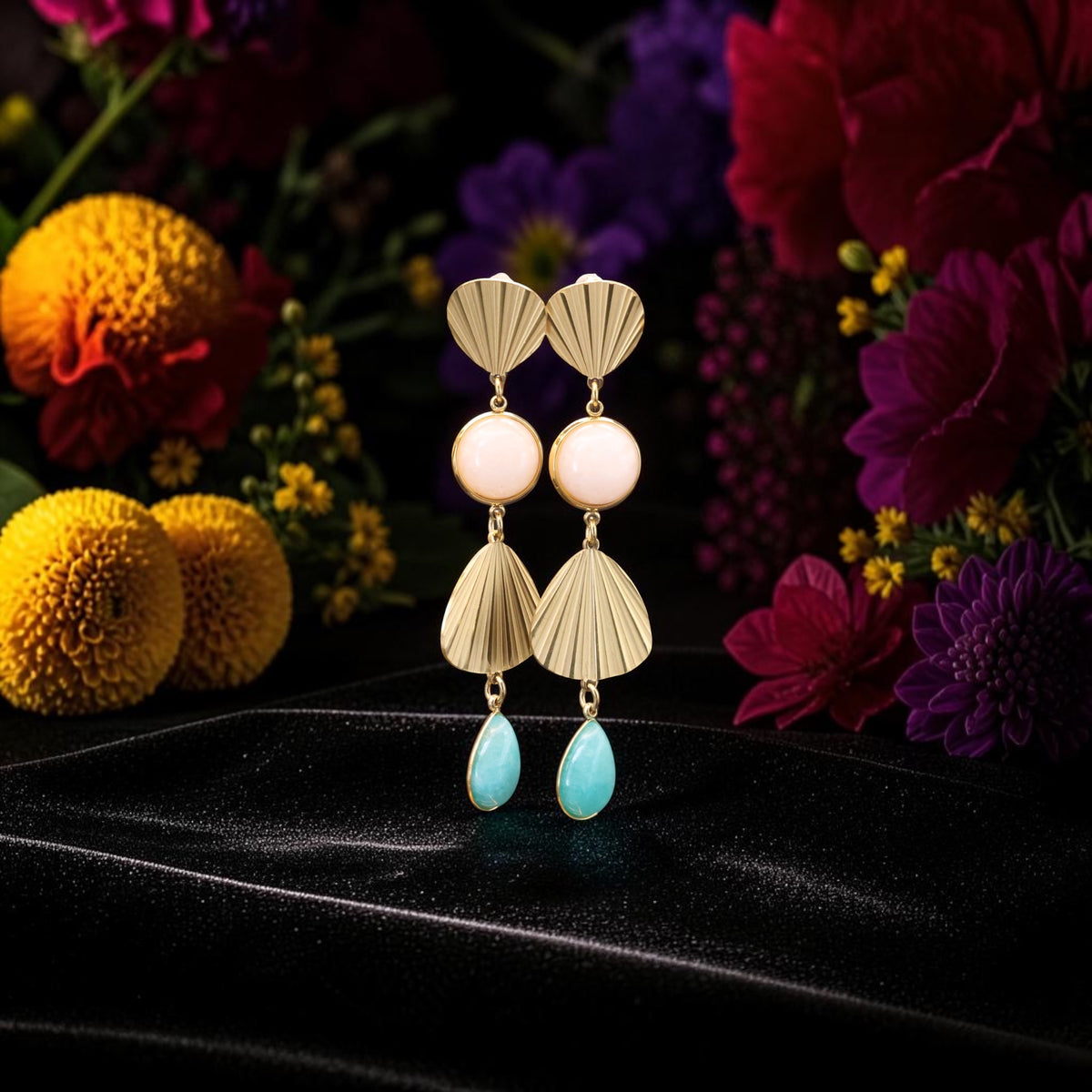 Boucles d'oreilles Coquillage & Pierres Turquoise en Acier Inoxydable Doré