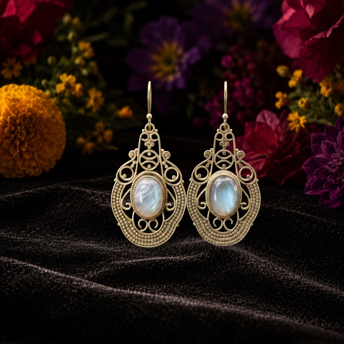 Boucles d'oreilles Bohème en Laiton Vieilli & Labradorite
