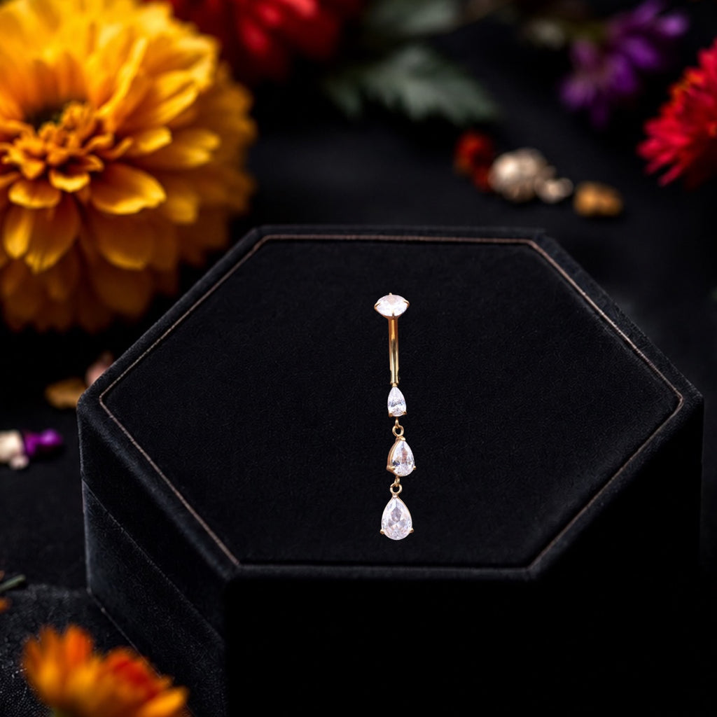 Piercing nombril en acier chirurgical 316L – Triple pendentif zirconium