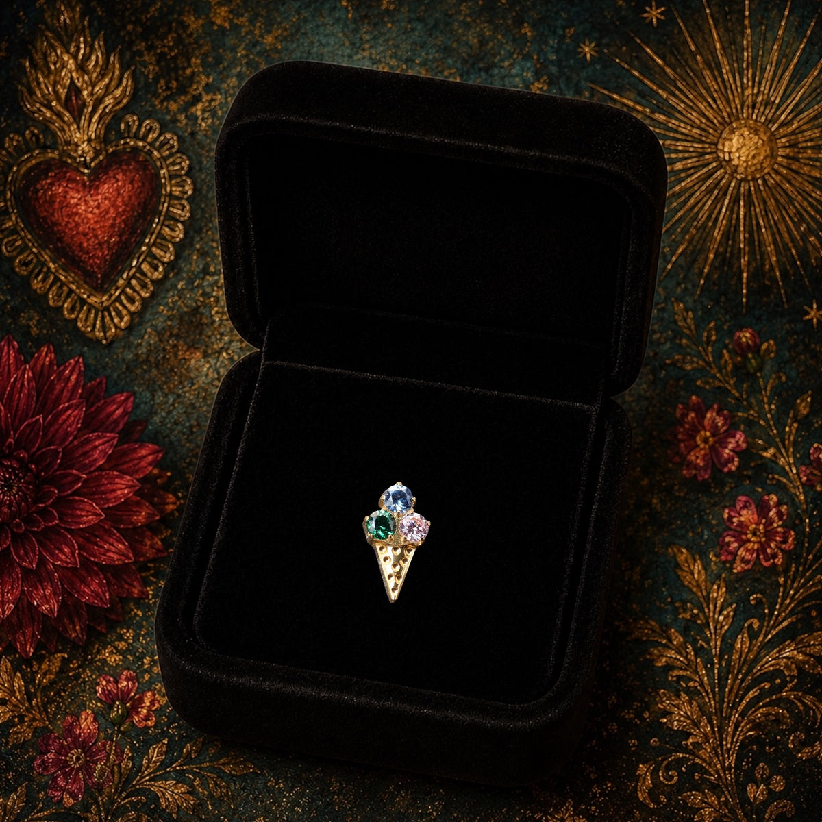 Piercing Gelato en Titane PVD Or – Trio de Zircons Colorés
