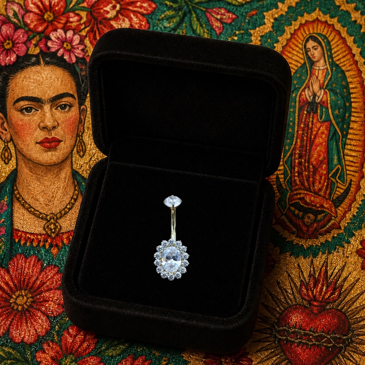 Dahlia – Piercing nombril zircon ovale entouré de zircons 10 mm – Titane ASTM F136